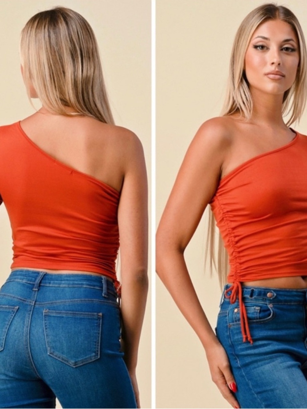 HEART & HIPS One-Shoulder Long-Sleeve Crop Top - Rust Orange - Picture 8 of 10